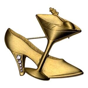 JJ Jonette Martini Glass & High Heel Shoe Gold Tone Rhinestone Brooch Signed